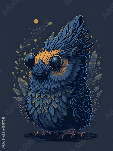 An owl in a digital painting with the glasses in the leaves background. Generative AI