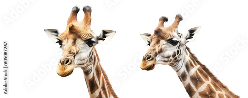 a Giraffe portrait with one or two Giraffe's front view, wildlife-themed, photorealistic illustrations on a transparent background cutout in PNG. generative ai
