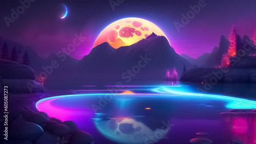 Abstract background with the lake in the universe and the moon at the top of the image. Generative AI