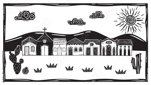 Village of simple houses and little church, sunny sky with clouds in the interior of Brazil. Vector woodcut, Cordel from the Brazilian Northeast photo