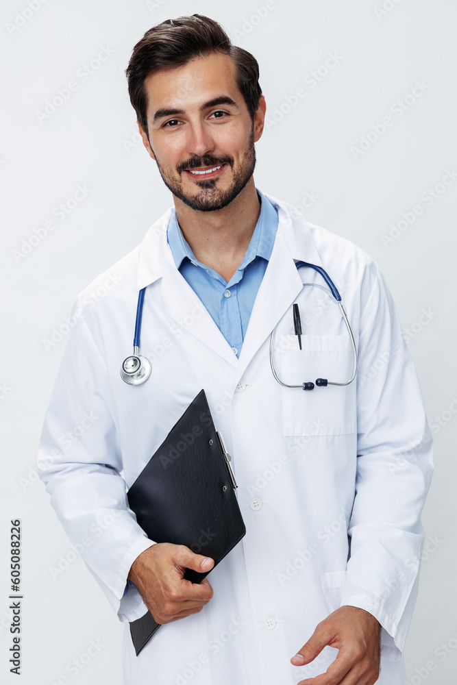 Man doctor in white coat with stethoscope and folder for notes and patient records smile and good test results on white isolated background, copy space, space for text, health Man doctor in white coat with stethoscope and folder for notes and patient records smile and good test results on white isolated background, copy space, space for text, health