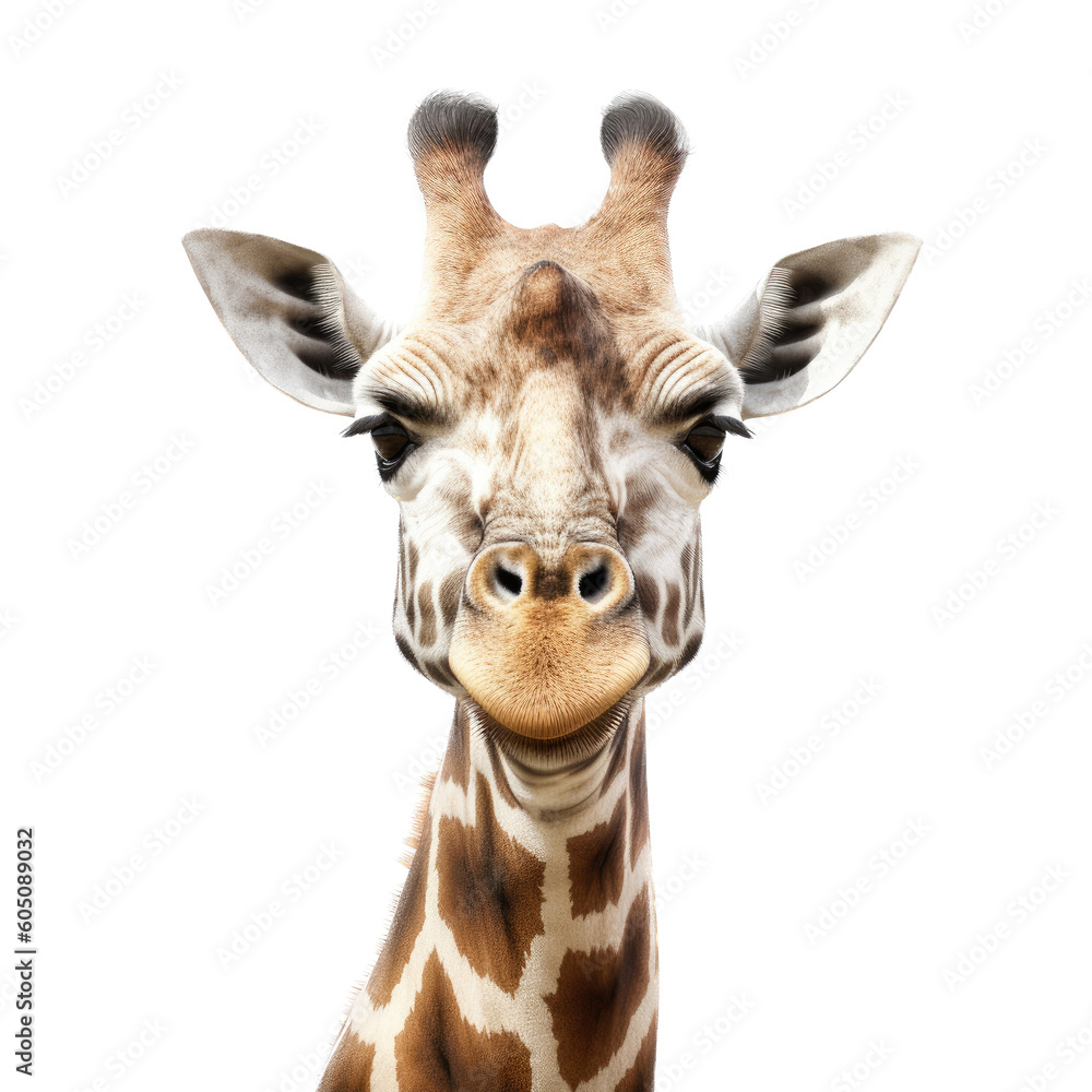 Fototapeta premium a Giraffe portrait with one or two Giraffe's front view, wildlife-themed, photorealistic illustrations on a transparent background cutout in PNG. generative ai