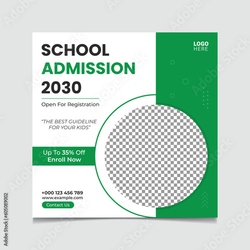 school admission social media post with green colour vector template design.
