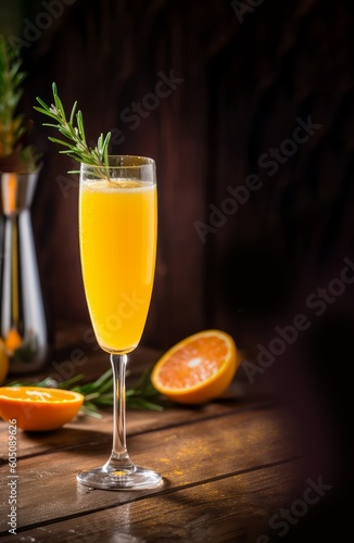product shot of Mimosa alcohol cocktail on rustic wood table created with Generative AI technology