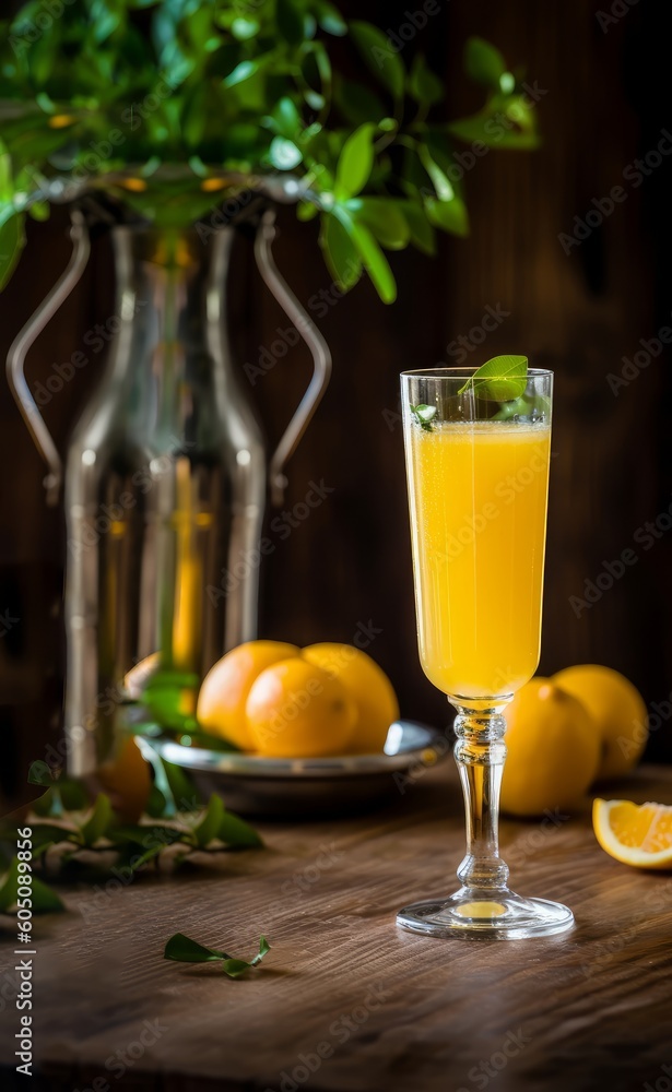 still life with cup of Mimosa alcohol cocktail with half oranges on the wood table as background created with Generative AI technology still life with cup of Mimosa alcohol cocktail with half oranges on the wood table as background created with Generative AI technology