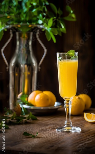still life with cup of Mimosa alcohol cocktail with half oranges on the wood table  as background created with Generative AI technology