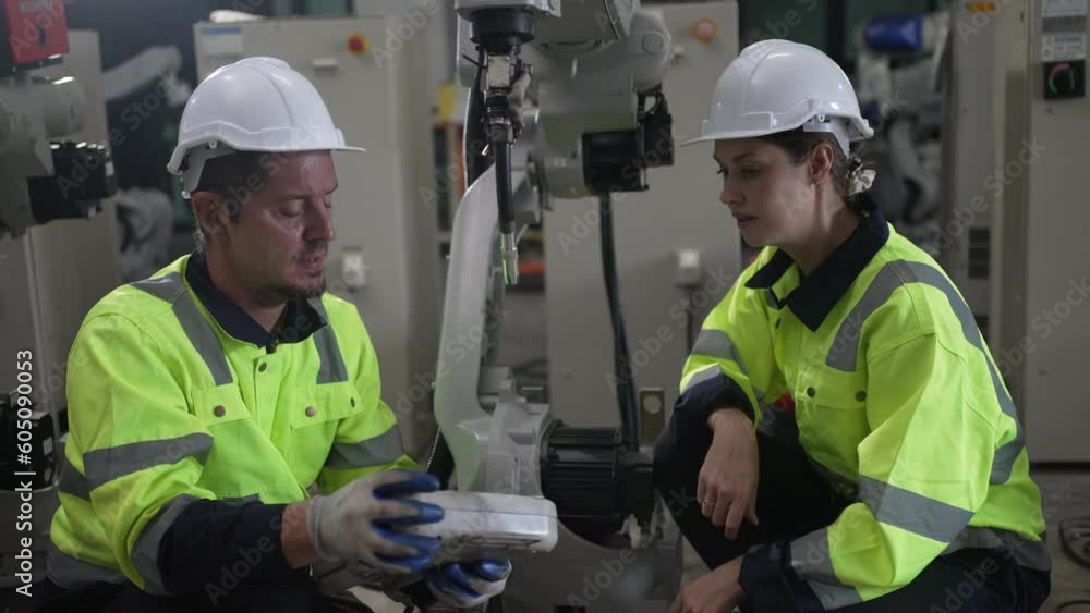 Engineer work at robotic arm factory. Engineer work at robotic arm factory.