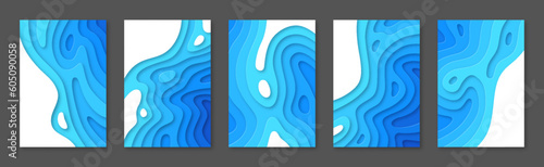 Abstract blue 3D paper cut topography relief imitation templates set. Paper cut liquid texture gradient layers for banner, flyer, cover, background, brochure with blue wavy layers vector illustration