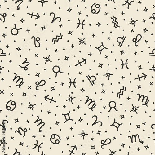 Zodiac signs, horoscope, astrology symbols seamless pattern design template. Repeating print texture with esoteric symbols for decoration, fabric, wrapping paper, web page vector illustration