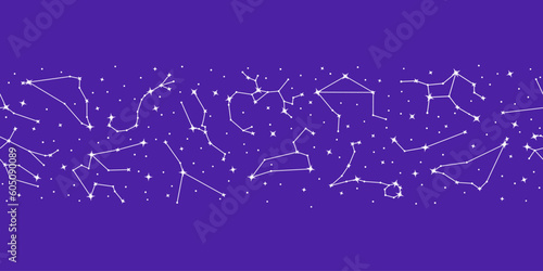 Stars constellations, astrology seamless pattern on purple background with copy space. Zodiac constellations of shiny stars repeating print for packaging, cover, wrapping paper vector illustration