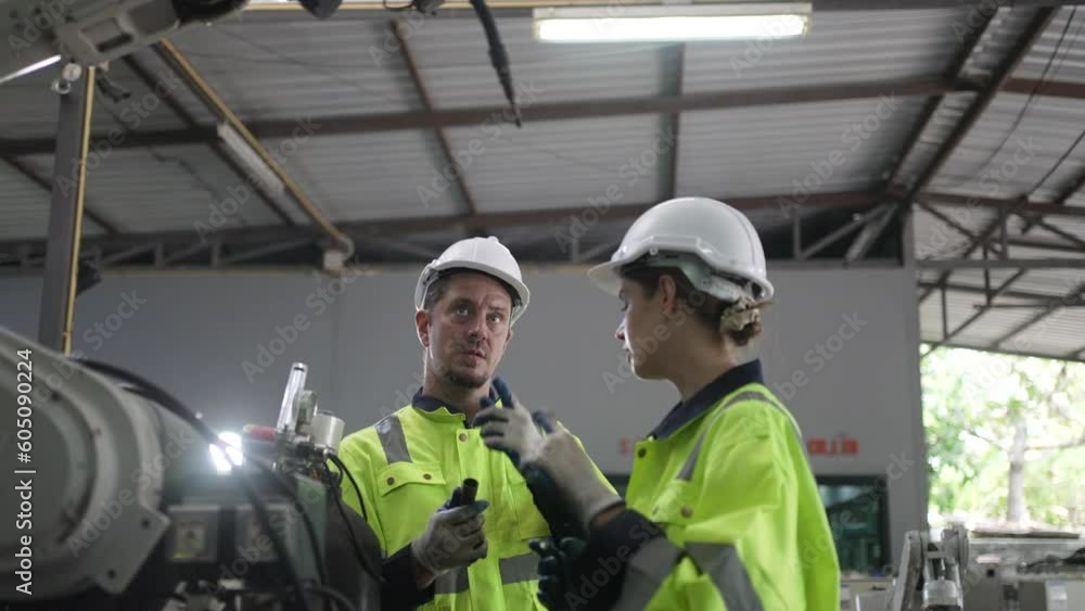 Engineer work at robotic arm factory. Engineer work at robotic arm factory.