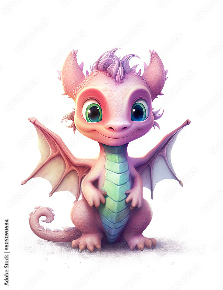 Fototapeta premium Adorable Baby Dragon, Pastel Colors, Nursery, Children's Wall Art, Whimsical, Cute. Generative AI