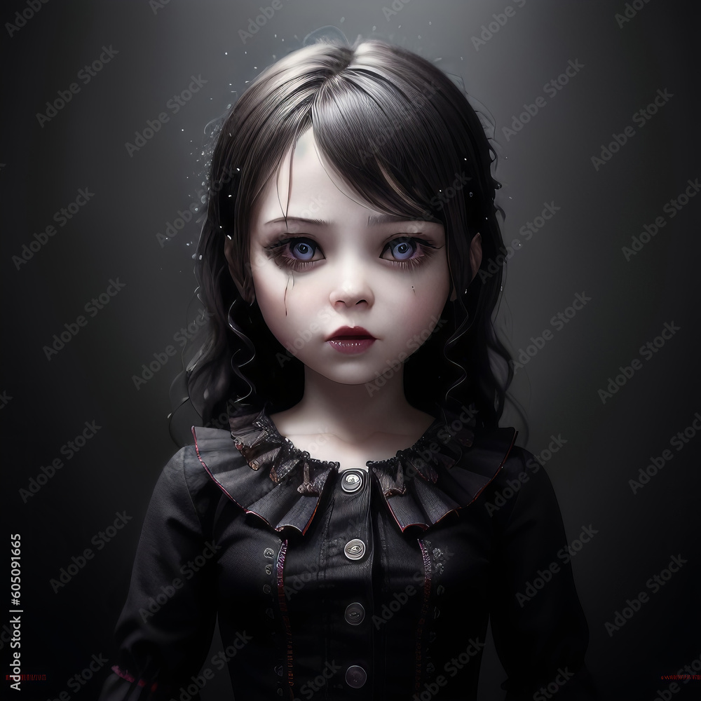 Toy Goth Doll with Blue Eyes,Black Hair, Gothic Dress Generative AI Illustration.
