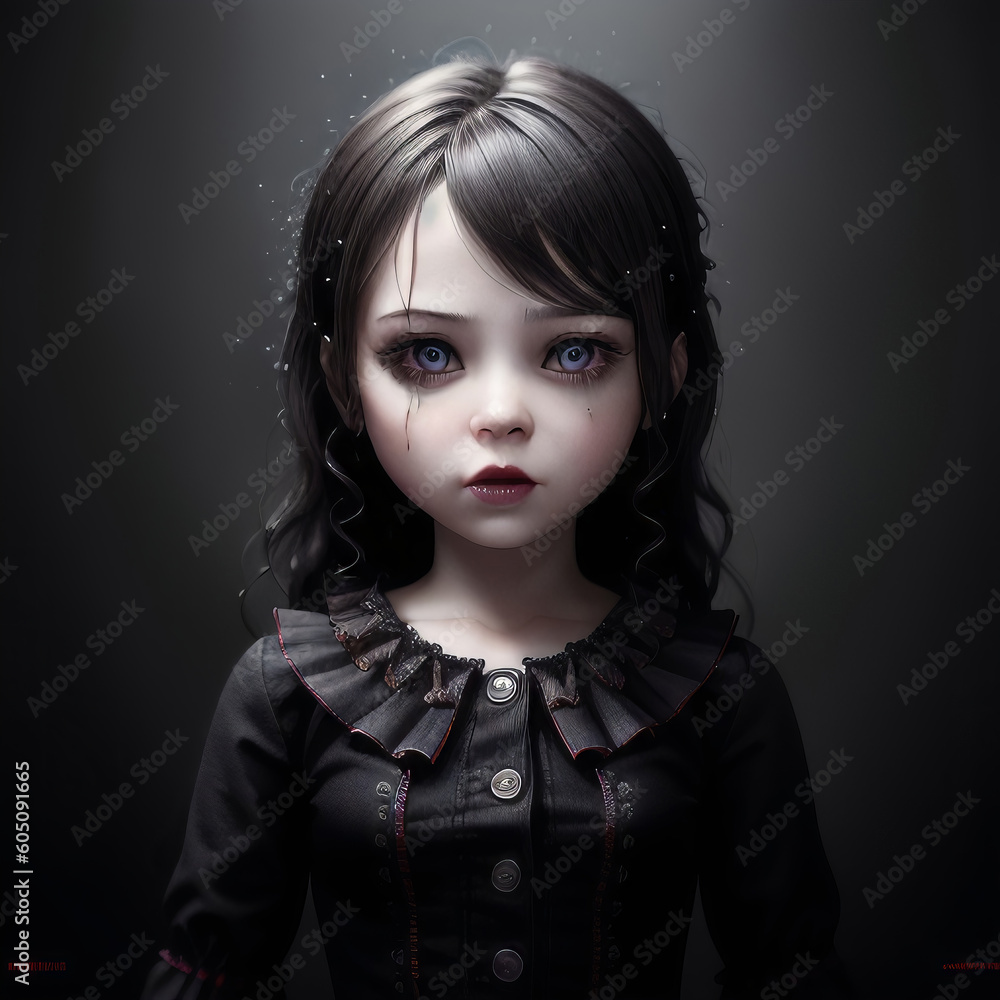 Toy Goth Doll with Blue Eyes,Black Hair, Gothic Dress Generative AI Illustration. Toy Goth Doll with Blue Eyes,Black Hair, Gothic Dress Generative AI Illustration.