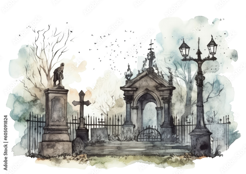 Fototapeta premium haunting cemetery in the style of dark gothic watercolor