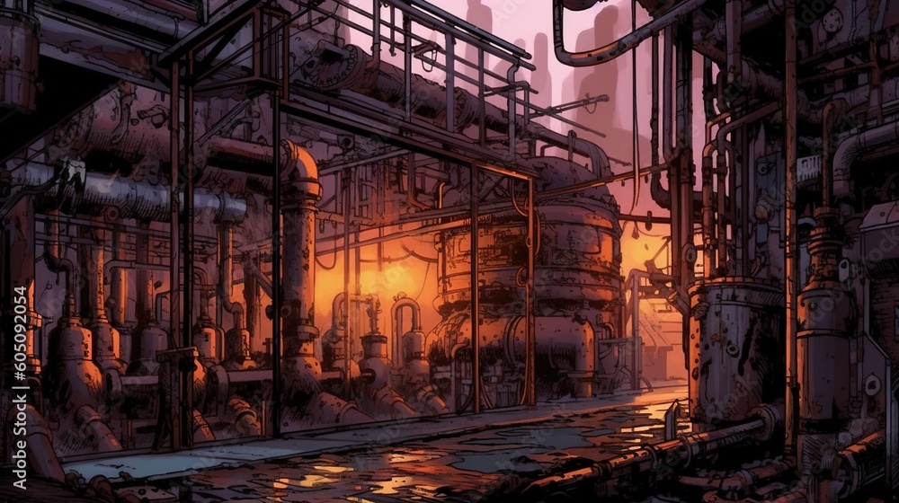 A horror scene set in an abandoned factory with rusty machinery and dripping pipes. Fantasy concept , Illustration painting. Generative AI