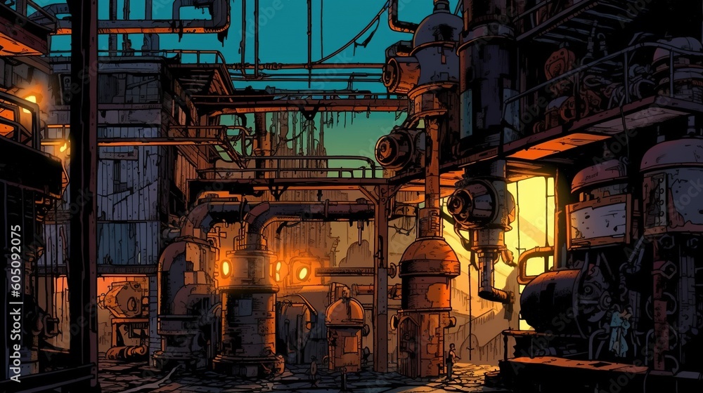 A horror scene set in an abandoned factory with rusty machinery and dripping pipes. Fantasy concept , Illustration painting. Generative AI