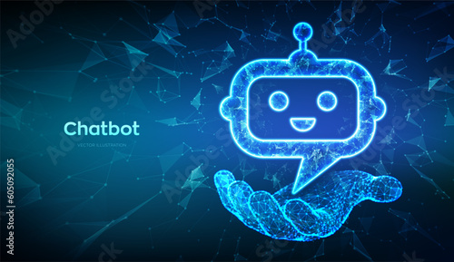 Chatbot. Low poly abstract robot Chat head icon in hand. Speech bubble message symbol. Dialogue cloud. Chatbot assistant application sign. AI concept. 3D polygonal vector illustration.