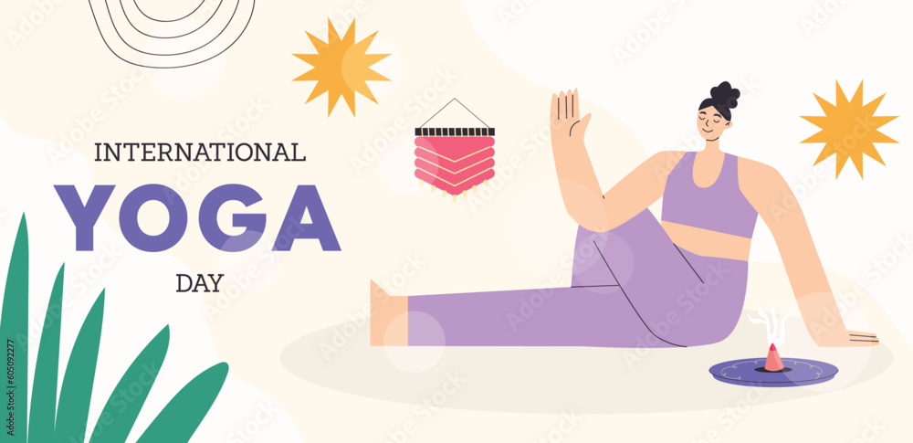 Obraz premium international yoga day banner. Woman practicing yoga in half spinal twist pose.