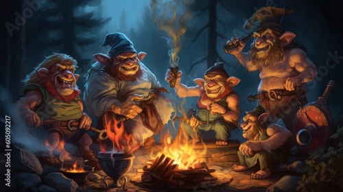 A group of trolls cooking over a fire. Fantasy concept , Illustration painting. Generative AI
