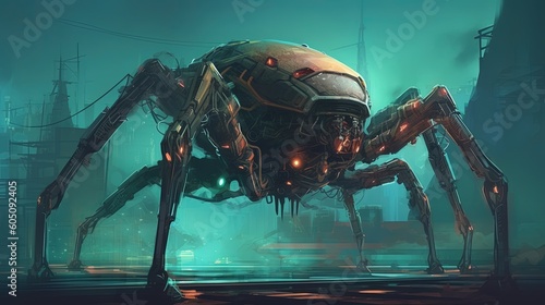 A giant robot spider with multiple legs. Fantasy concept , Illustration painting. Generative AI