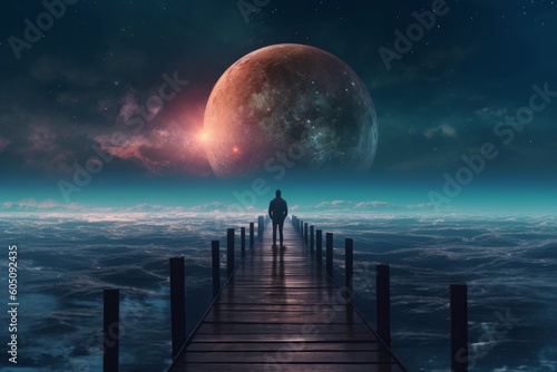 In the embrace of a vast ocean  a solitary figure stands mesmerized before the radiant glow of a supermoon. The celestial spectacle casts a mesmerizing light over the surrounding waters  Generative AI