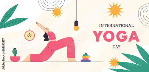 international yoga day banner. Woman practicing yoga in warrior pose. 