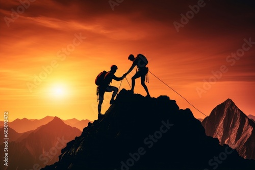 Team of climbers unites, scaling the mountain with synchronized precision. Ropes entwined, trust forged, and spirits elevated, they conquer challenges together. Generative AI
