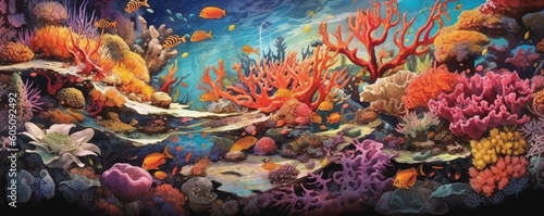 a colorful Coral reef, teaming with Sea life, Aquatic-themed, horizontal format, photorealistic illustrations in a JPG. Generative AI
