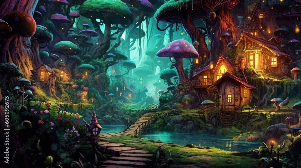 Fototapeta premium A forest with a hidden fairy village. Fantasy concept , Illustration painting. Generative AI