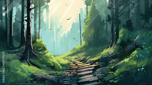 A forest with a misty path. Fantasy concept   Illustration painting. Generative AI