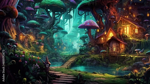 A forest with a hidden fairy village. Fantasy concept , Illustration painting. Generative AI