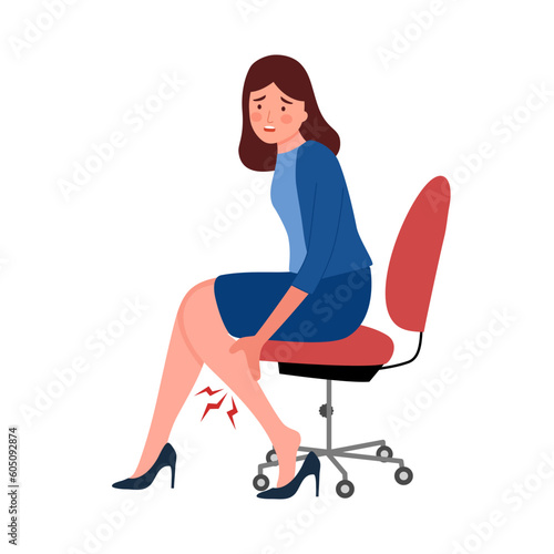 Leg pain concept vector illustration on white background. Young woman feel hurt in leg. Bone or muscle problem.