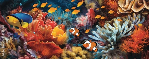 a colorful Coral reef, with clownfish as the centerpiece and teaming with Sea life, Aquatic-themed, horizontal format, photorealistic illustrations in a JPG. 10:4 aspect. generative ai
