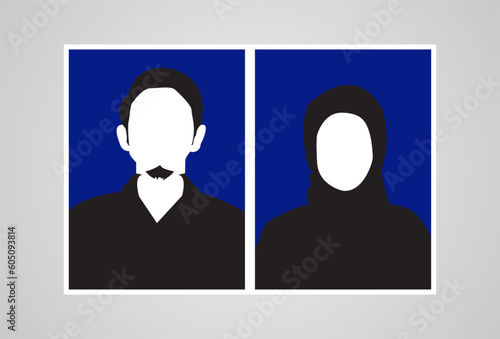 silhouette photo of muslim man and woman on blue background. photo illustration concept for registering marriage. in Indonesian it is called a photo gandeng