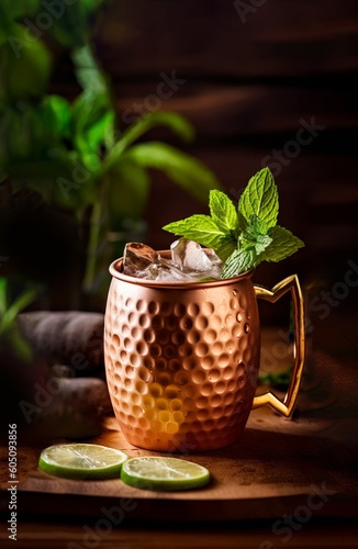 cup of Moscow Mule cocktail on rustic wood table as  background created with Generative AI technology 