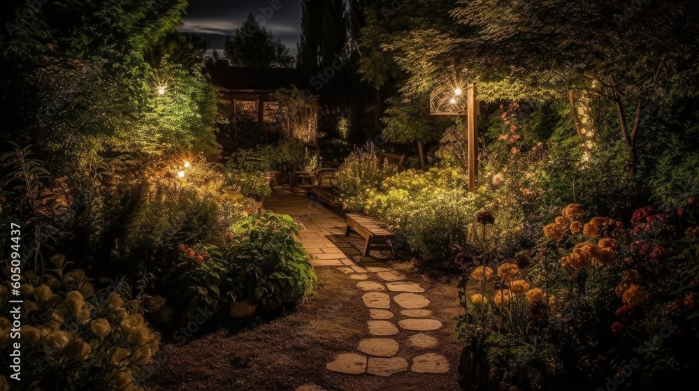Garden at night with lighted lanterns and flowers in the foreground - made with Generative AI