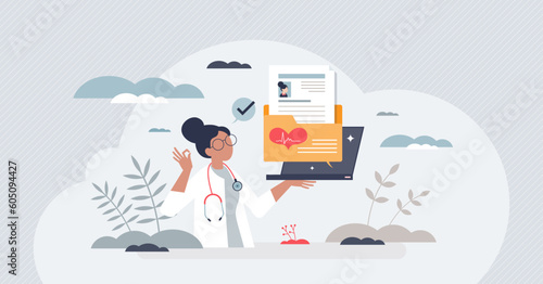 Electronic health records and patient medical data folder tiny person concept. Healthcare digitization as checkup, examination and treatment history vector illustration. Technological e-health system