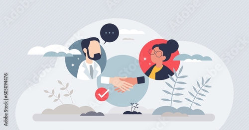 Patient centered care and medical support from doctor tiny person concept. Healthcare service with effective and quality attitude vector illustration. Hospital treatment cooperation and agreement.