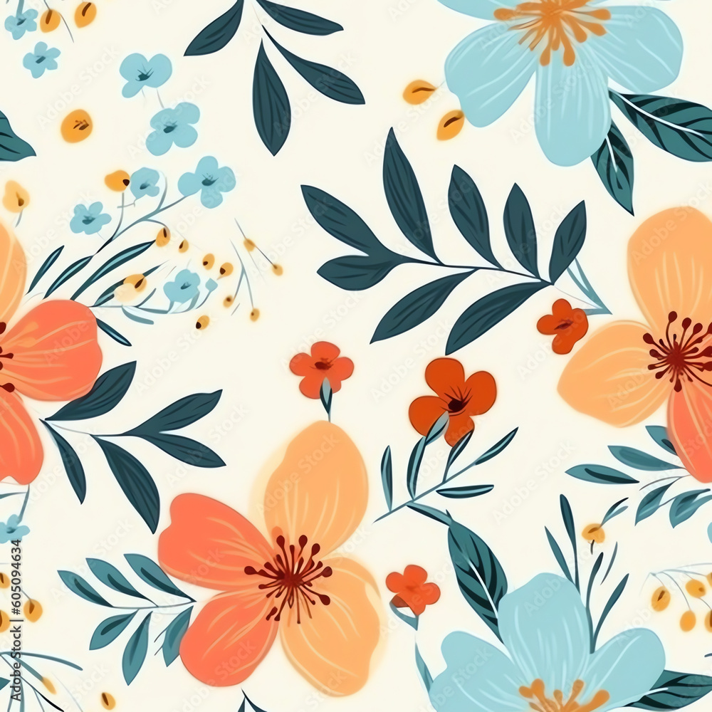 AI Generated. Seamless Floral Pattern in Flat Style with Pastel Colors. Delicate and Whimsical Artistic Composition.