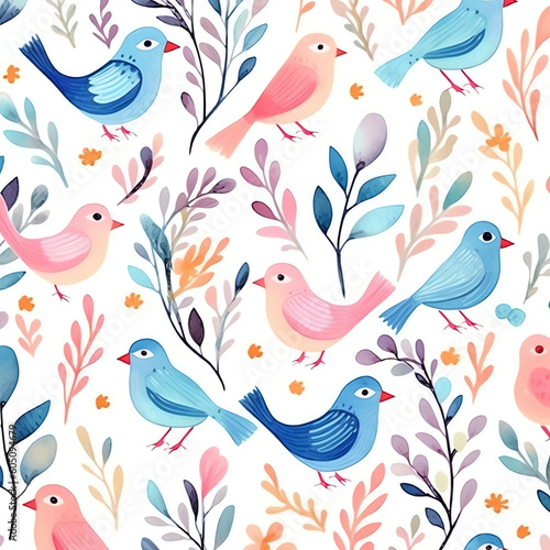 AI Generated. Whimsical Floral Pattern with Bird in Flat Style and Pastel Colors. Artistic and Delicate Illustration of Nature.