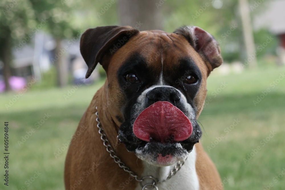 Boxer dog licking his lips