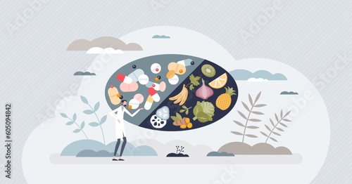 Drug interactions as pills and food medical side effects tiny person concept. Health risks using pharmaceutical prescriptions for illness treatment vector illustration. Medication combination problem