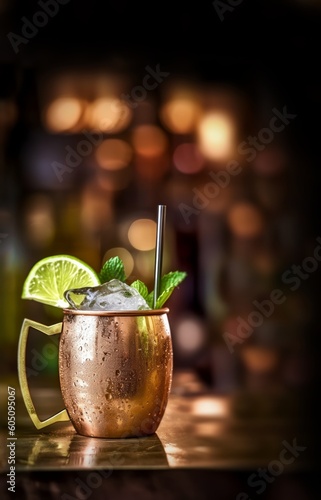 Moscow Mule cocktail in nighclub bar background created with Generative AI technology 