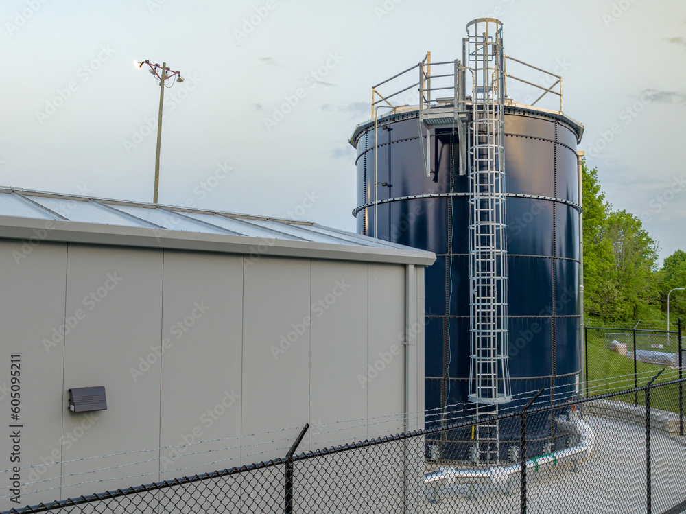 Photo of a blue steel, metal, industrial water tank, industries, commercial, municipal.
