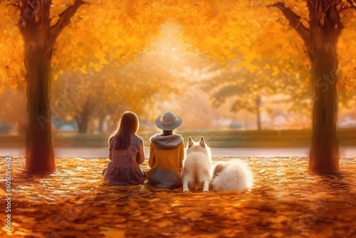 peaceful scene of a couple and their furry friend enjoying a sunny day in the park Generative AI