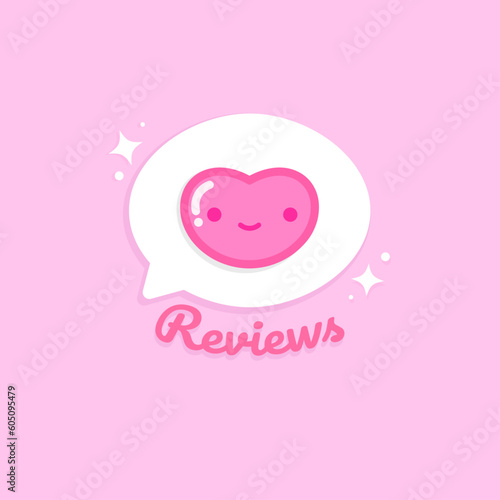 Kawaii reviews icon with heart on pink background for social media