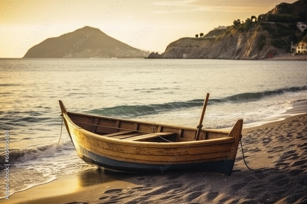small boat resting on a tranquil sandy beach with clear blue waters Generative AI