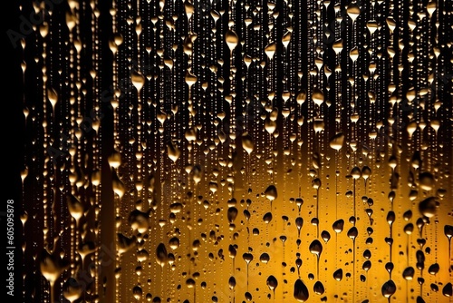 rain drops on a window with warm yellow light in the background Generative AI