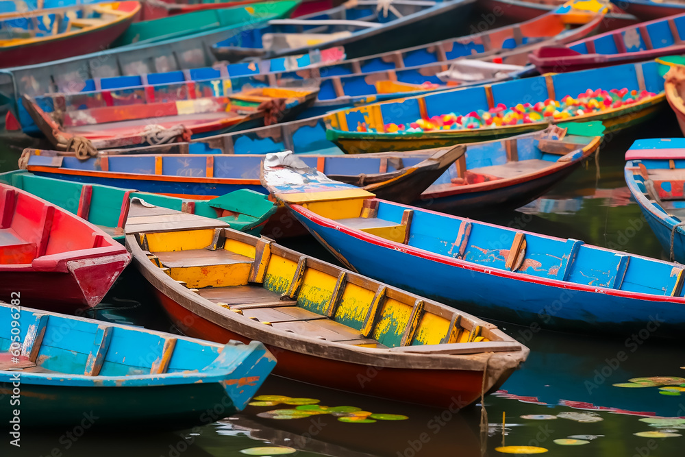 Illustration of several fishermen's colorful boats, Generative AI image.